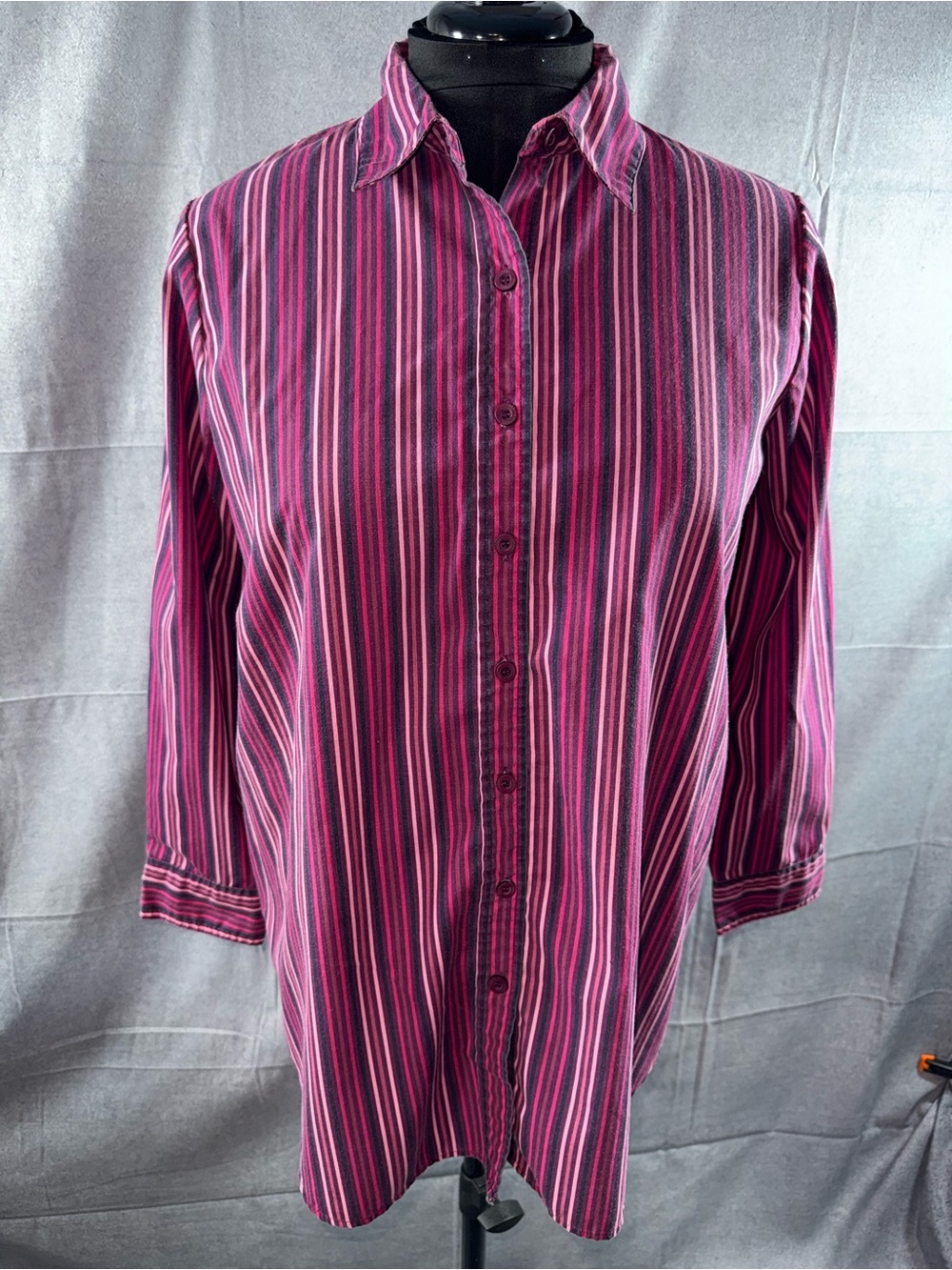 3014-Roaman's Pink and Burgundy Striped Button-Down Women's Shirt